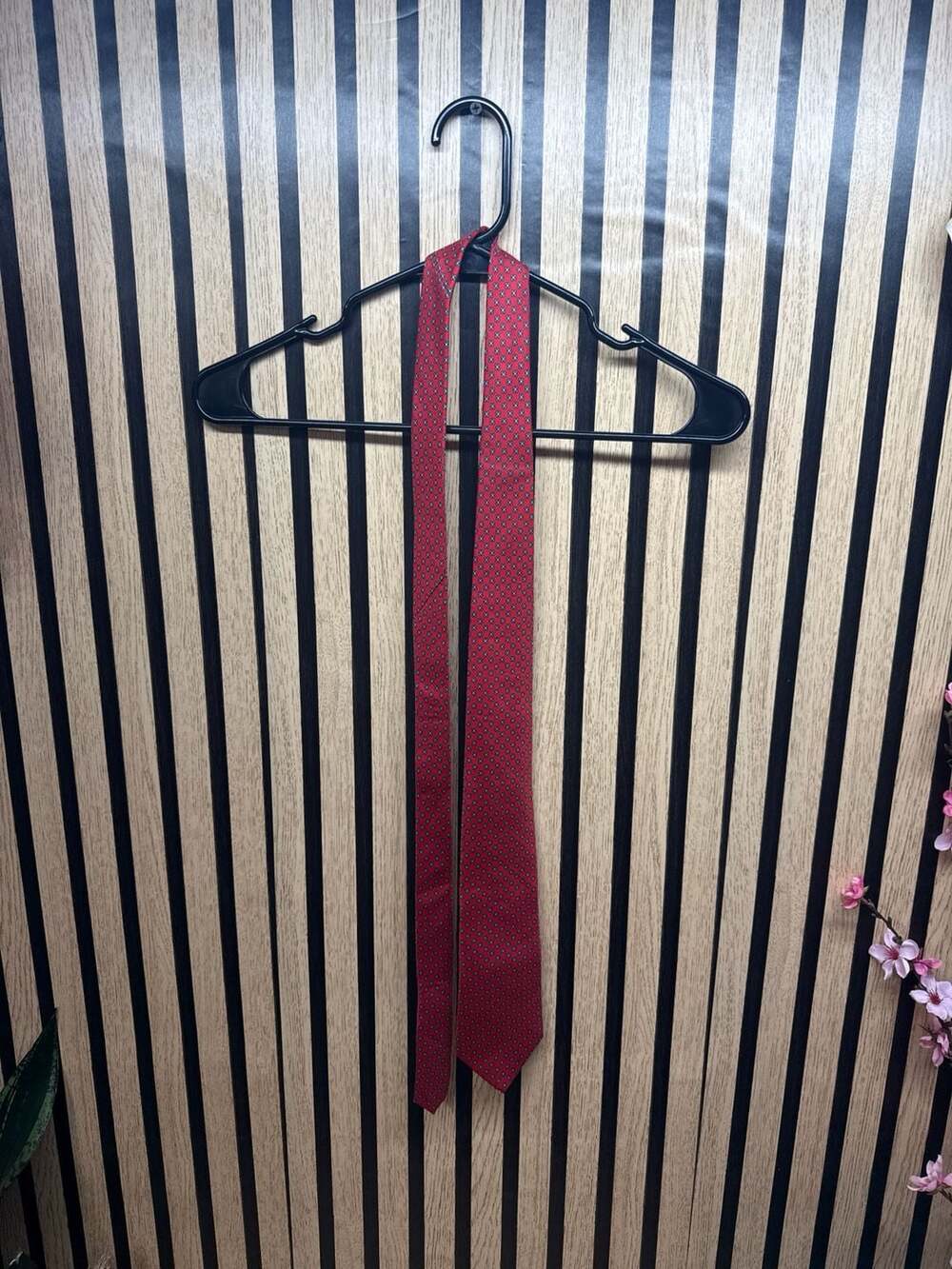 Vintage Yves Saint Laurent Red Geometric Flower Silk Necktie